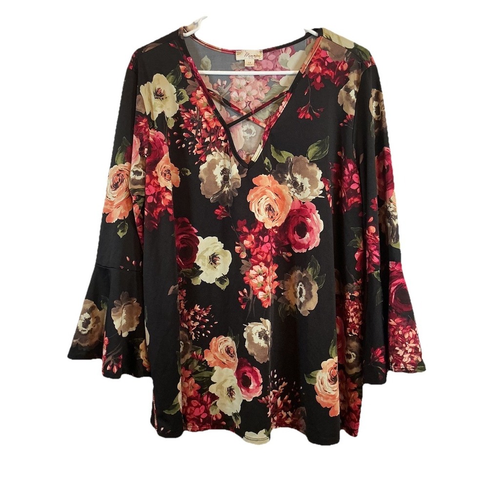 Misia Blouse Size 1X Multicolor Floral Boho Sleeve Stretch Women 1X Top Shirt